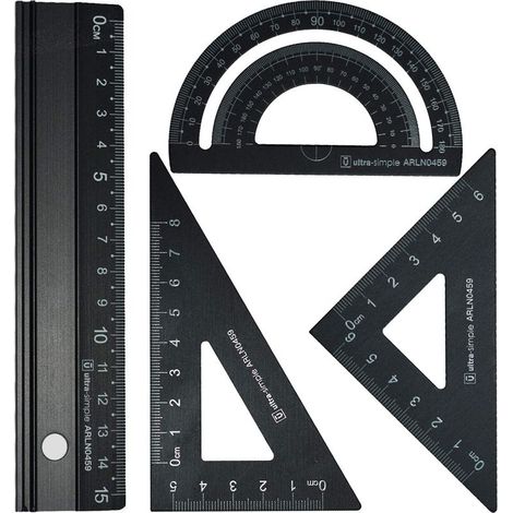 Architects Metal Ruler Set - 4 Pieces, Engineering Drawing Geometry Set, Math Geometry Tool, Protractor, Triangular (Black) (1/4)