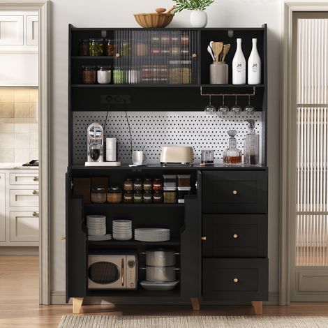 Hochschrank 120x40x184 cm schwarz MDF mit Steckdosen, Lochplatte, Weinglashalter und 3 Schubladen (1/5)