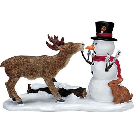 Statuetta cervo con pupazzo di neve decorazione natalizia per presepe e villaggio di Natale
