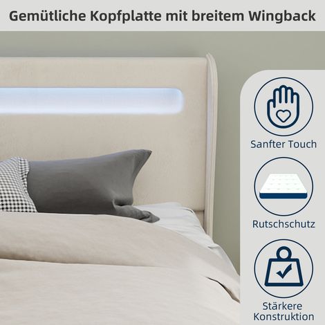 Lit rembourré moderne et minimaliste avec tête de lit souple intégrant un éclairage LED, 160 x 200 cm, beige, meuble de chambre multifonctionnel, sommier coffre haut avec mécanisme de levage à gaz, ma (1/5)