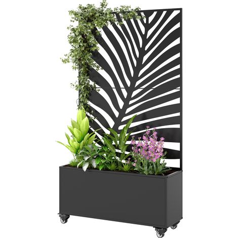 Jardinière avec treillis, bac à fleurs, avec brise-vue et roulettes verrouillables, métal, 90 x 30 x 160 cm, noir (1/5)