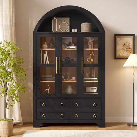 Buffet 110x40x185cm avec 3 portes et 4 tiroirs, niche ouverte arquée, grand rangement, poignées en aluminium, MDF noir (1/5)