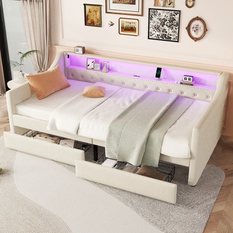 Lit 90x200cm - Canapé-Lit 90x200 cm avec 2 Tiroirs de Rangement, Éclairage LED Télécommandé & Port USB - Lin Beige (1/5)