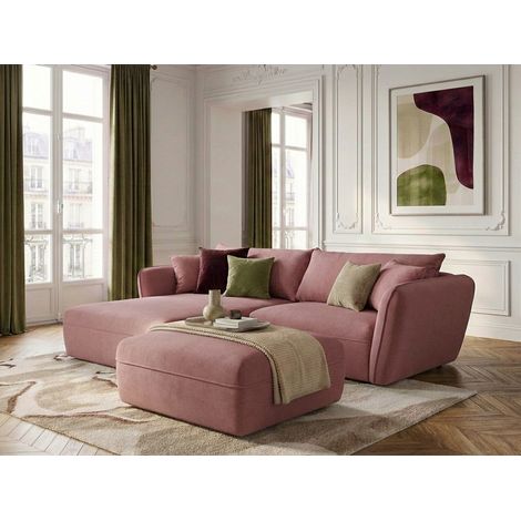 BOBOCHIC - Canapé d'angle fixe LUIGI tissu lisse avec pouf Angle gauche  Rose (1/5)
