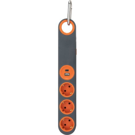 Multiprise 3 prises Schuko + crochets + lumière + 2 USB A+C - Gris/Orange - Klipo - Zenitech (1/5)