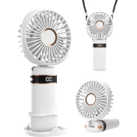 Ventilateur portable à main, avec base, 5 vitesses réglables, rechargeable par USB, idéal pour les voyages et le bureau (blanc) (1/5)