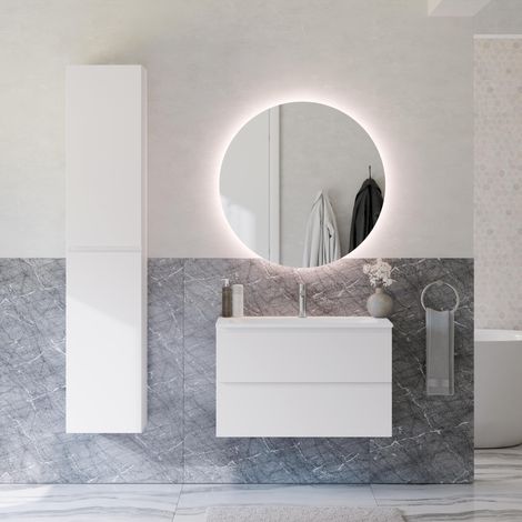 BERNSTEIN - Ensemble meuble vasque 80x46x50cm + Armoire Colonne 35x35x170cm & Miroir LED dimmable Ø80cm - Blanc mat - AVA (1/5)