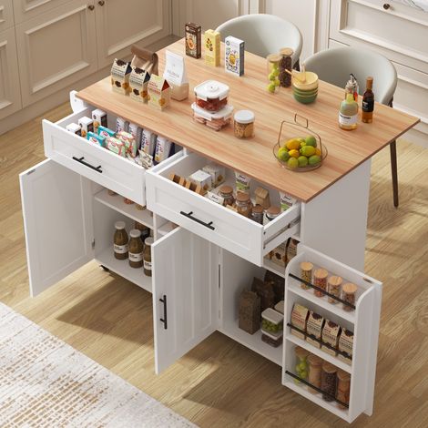 129x46(71)x91,5 cm großer Speisewagen/Sideboard, Arbeitsplatte mit Massivholzmaserung + Weiß Schrank/faltbare Arbeitsplatte/Aufbewahrungstür-Design/Räder/Massivholzfüße umschaltbar/für Zuhause geeig (1/5)