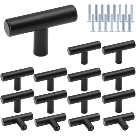 15 x Ø12 mm Schubladenknöpfe, Länge 50 mm, T-Bar-Stick, Küchengriff, Möbel, Schranktür, Edelstahl, Einloch-Möbelgriffe und Knöpfe, T-Bar, Edelstahl, Küchenschrankgriff für Schubladentüren (schwarz) (1/4)