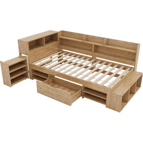 Letto per bambini 90 x 200 cm in legno naturale con contenitore, rete a doghe, senza materasso (1/5)