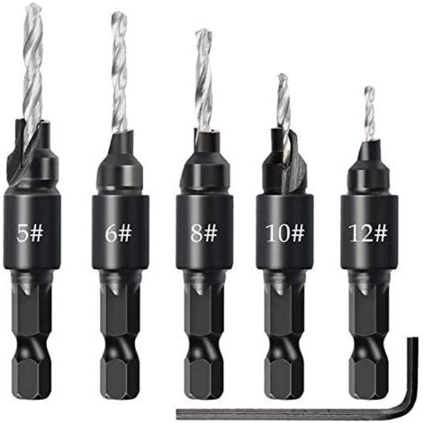 PA 5-teiliges Senkerbohrer-Set, verstellbarer 1/4-Zoll-Sechskantschaft, Schnellwechsel-Senkbohrer-Set, austauschbare Senkerbohrer mit Sechskantschlüssel, Holzbearbeitungsbohrer-Set (1/5)