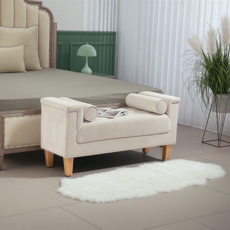 Polsterbank mit Armlehnen, Zylinderkissen und Chenillebezug, Holzbeinen, Polyester Beige, 115 x 44 x 58 cm (1/5)