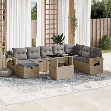 Set de sofás de jardín 9 pzas con cojines ratán sintético beige vidaXL (1/5)