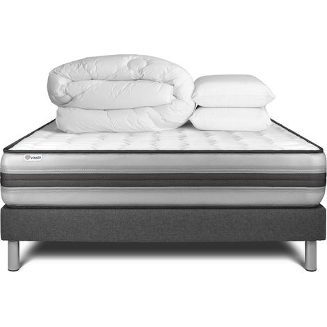 Komplettpaket Bett - Matratze 140x200 cm + Boxspringbett mit Lattenrost (im Set) + 2 Kopfkissen + Bettdecke - Vitalpower Recover