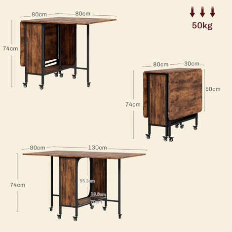 Table pliante à 6 roulettes avec étagère, style industriel, bois et métal, marron rustique (1/5)