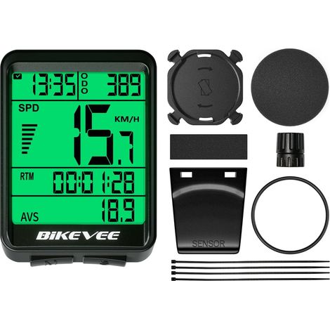 Compteur de vélo sans fil avec capteur radio - Démarrage automatique - Rétroéclairage LED vert - Vitesse de distance - Temps - Étanche - Pour VTT et vélo de route (1/5)