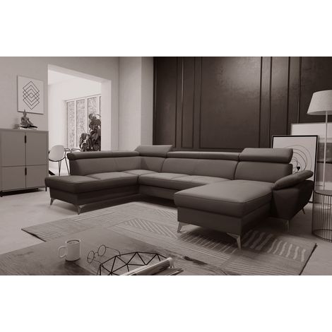 Canapé d'angle convertible en cuir italien de luxe 7/8 places WARINI avec coffre, taupe, angle gauche (1/5)