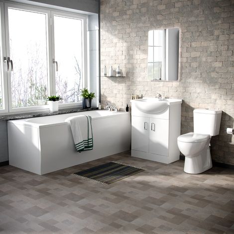 Memphis 3-Piece Bathroom Suite White - Close Coupled Toilet, 650mm Basin Vanity Unit and Round Bath Tub
