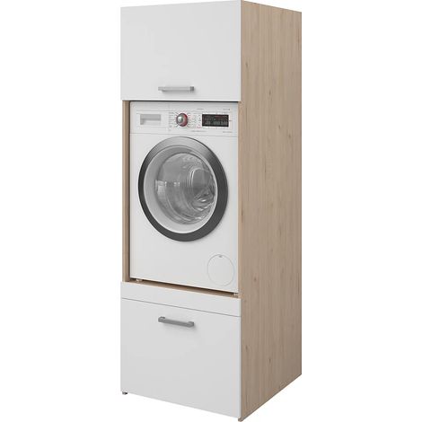 Mobile per lavatrice con 1 ripiano, 1 cassetto e 1 armadietto Naturale chiaro e bianco L64 x H184 – ERKANO (1/5)