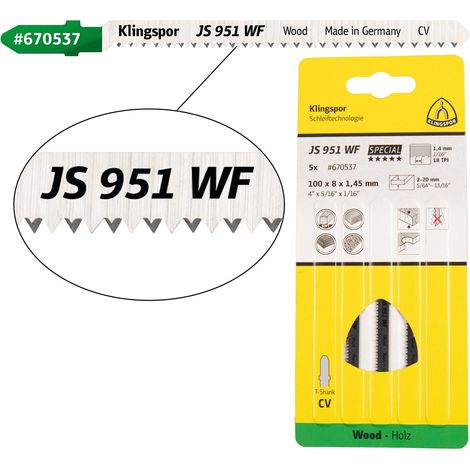 Klingspor JS 951 WF Stichsägeblätter, 100 x 8 x 1,45 mm Nutzlänge 75Crom-Vanadium, kreuzgeschliffen, konisch , 18 Zähne pro Zoll, SB-verpackt im Karto