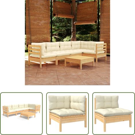 Holzsofa - 6-tlg. Garten-Lounge-Set mit Creme Kissen Kiefernholz (1/5)
