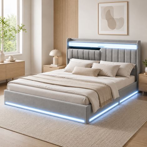 Lit coffre 160x200 cm avec sommier à lattes, lit double 160x200 avec rangement hydraulique, rangement tête de lit, LED & USB, cadre de lit en métal, velours gris (1/5)