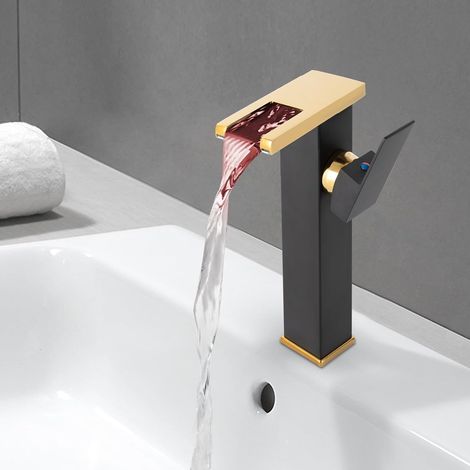 304 Stainless Steel LED Waterfall Faucet, 3 Color Changing Color Changing Basin Faucet, Temperature Sensor Basin Faucet, Tall Bathroom Sink Faucet Hot and Cold Basin Faucet (Black+Gold) (1/5)