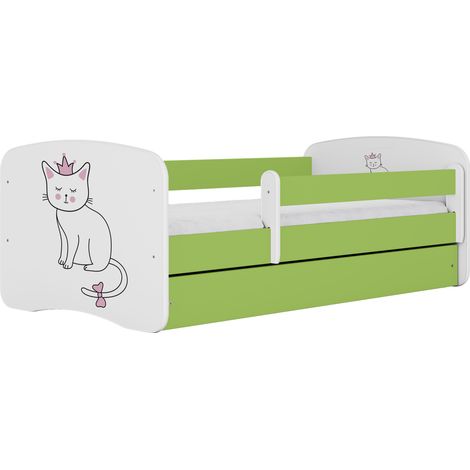 Lit enfant et junior 80 x 180 cm avec tiroir et barrière amovible, motif Chat, vert (1/4)
