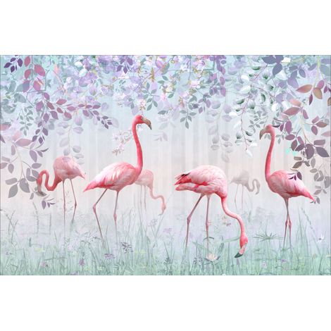 Fotomural infantil con flamencos rosas sobre un fondo de bosque denso DWK324 300x200 (1/5)