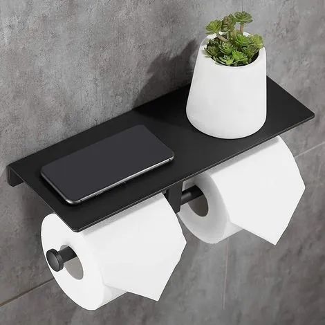 Porte-papier toilette double avec étagère spacieuse, adhésif, sans perçage, avec support pour téléphone portable pour salle de bain (noir) (1/3)