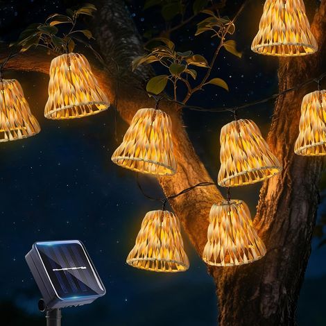 Guirlande lumineuse solaire d'extérieur - 10 lampions LED - Résistant aux intempéries - 3,6 m - Guirlande lumineuse solaire en rotin - Orange - Pour décoration extérieure, jardin, balcon
