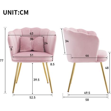 Lot de 6 chaises de salle à manger roses en velours avec dossier pétale, coussin papillon et pieds métal doré (1/5)