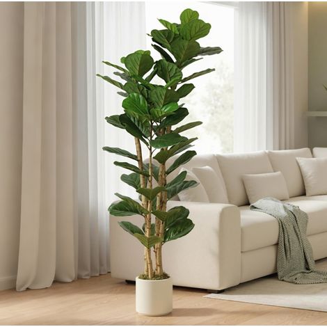 Künstlicher Geigenfeigenbaum 180 cm Grün mit 91 Blättern und weißem Topf (1/5)