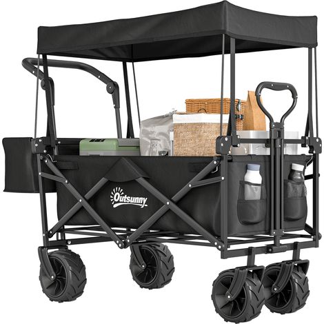 Folding Trolley Cart Storage Wagon Beach Trailer 4 Wheels with Handle Overhead Canopy Cart Push Pull for Camping, Black