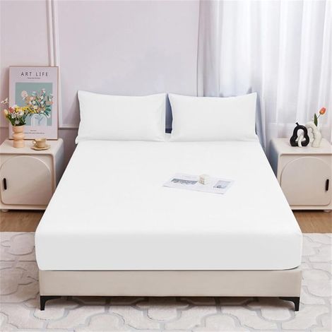 Sábana bajera impermeable con bolsillos profundos, 35 cm, tamaño individual (cama individual), elástico en todo el contorno, tejido cepillado transpirable, blanco. (1/4)