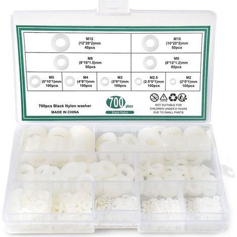 700 Pièces Rondelles Plates en Nylon, Kit Assortiment 7 Tailles (M2 à M10) - Blanc