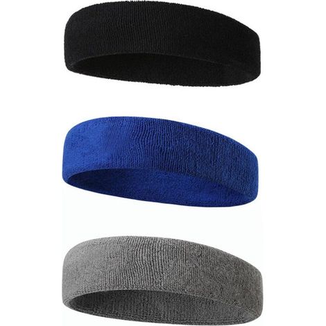 TuseRxln Bandeau anti-transpiration - Bandeau de sport - Double couche antidérapant adapté aux activités intérieures et extérieures - 3 pièces - Noir Gris Bleu (1/5)