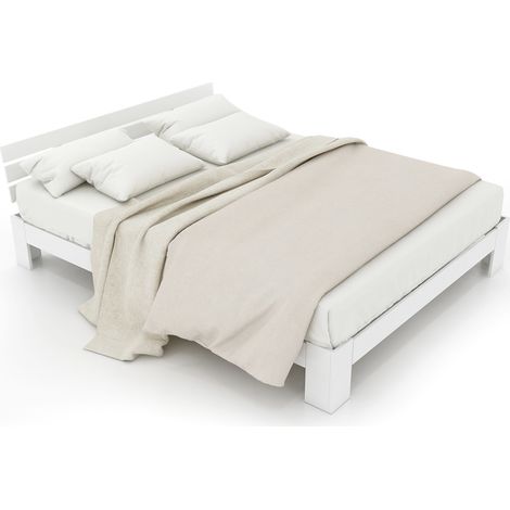 Cama doble 140x200 cm de madera de pino blanca, estilo rústico, con somier de láminas y espacio inferior de 18 cm, ideal para dormitorio pequeño CHICFURN (1/5)