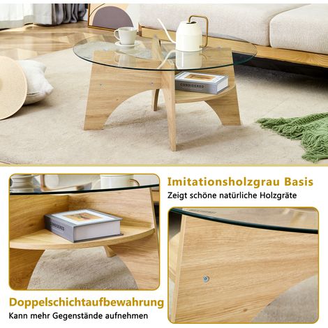 Table basse ronde en verre moderne Ø 80 cm, plateau transparent, design multifonctionnel. Piètement éventail, pieds en MDF aspect bois teinte naturelle. Parfaite pour salon. (1/5)