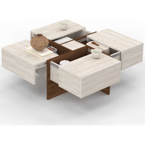 Table basse carrée TALIA 70 cm avec tiroirs bois effet noyer et plateau travertin (1/5)