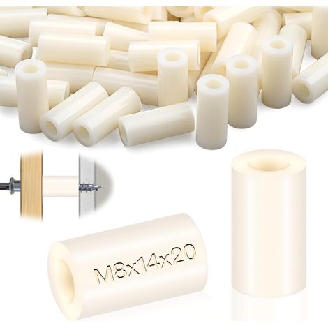 Lot de 100 entretoises rondes en plastique M8 - Rondelles d'espacement en nylon - Rondelles en nylon - 14 x 20 mm - Isolation - Blanches - Pour vis d'espacement M8 (1/5)