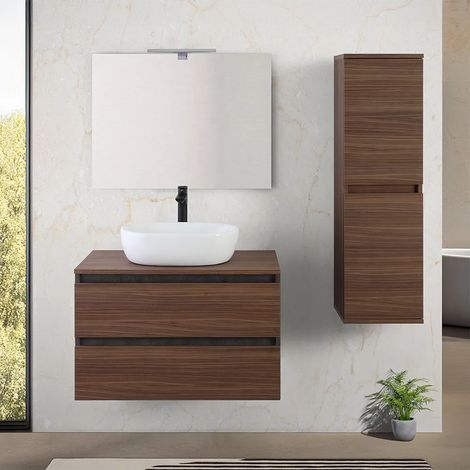 Mobile bagno sospeso 80 cm ossido e noce con top lavabo e specchio Kleo (1/5)