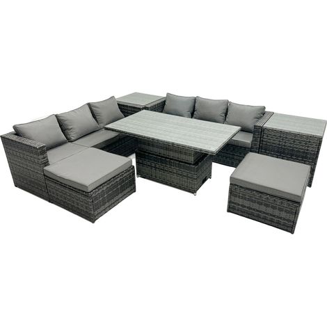 Fimous Rattan Dining Table Sofa Set with 2 Side Tables 2 Stools Outdoor 8 Seat Garden Furniture Set Dark Grey Mixed (1/5)