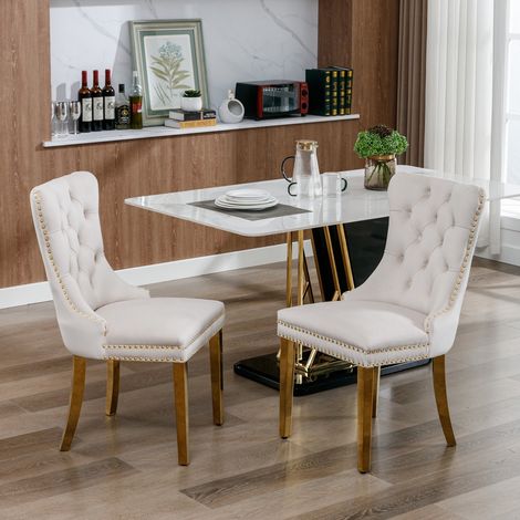 Lot de 2 chaises de salle à manger – pieds dorés – capitonnées - Chaise Idéales pour Cuisine et Salle à Manger – velours Beige (1/5)