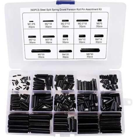 390 Pièces Goupille élastique Fendue Goupilles Fendues en Acier au Manganèse Assortiment Kit M1.5 M2 M2.5 M3 M4 M5 M6 avec la Boîte