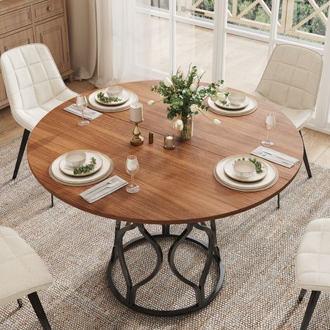 Table de salle à manger ronde 100x100x75 cm, table de cuisine pour 4 à 6 personnes avec espace de rangement intégré, plateau en MDF aspect noyer, structure métallique moderne, table de salle à manger  (1/5)