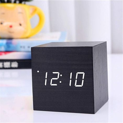 Reloj despertador digital LED, reloj cúbico de madera, reloj de escritorio de madera, reloj despertador de madera, reloj cúbico digital activado por voz para dormitorio (negro) (1/5)