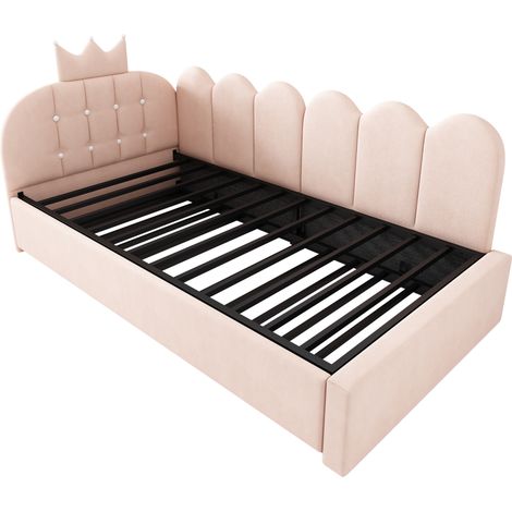 Tagesbett mit Ausziehbett 90 x 200 cm aus rosa Samt, Kronen- und Gitterdesign, MODENUIT (1/5)