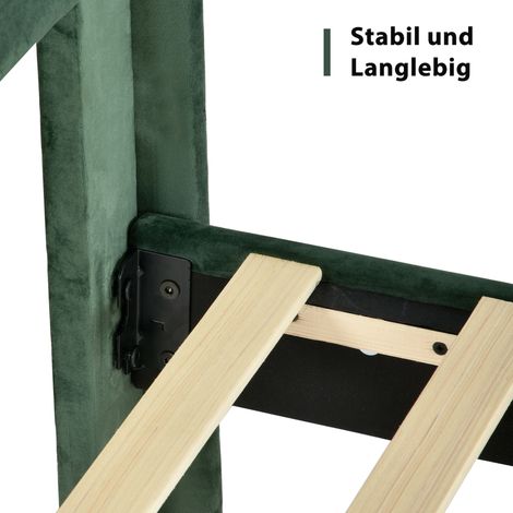 Polsterbett 140 x 200 cm, Bettgestell mit Lattenrost & Kopfteil, gepolstertes Doppelbett, Textilbezug Samt in Dunkelgrün, Zeitloses modernes Design, Jugendbett (Mit Matratze) (1/5)