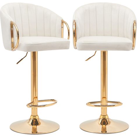 Set 2 Sgabelli da Cucina Altezza Regolabile in Velluto Crema e Struttura Oro